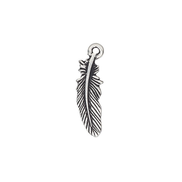 Charm, TierraCast®, antique silver-plated pewter (tin-based alloy), 20x7.5mm double-sided feather. Sold per pkg of 2. image number 0