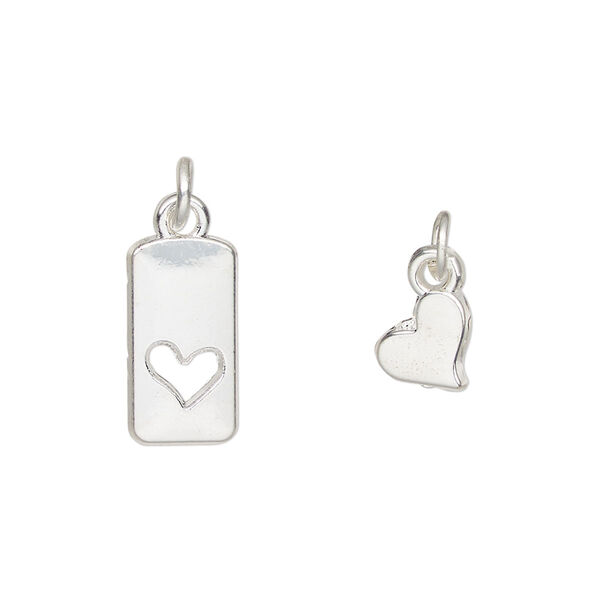 Charm, silver-finished "pewter" (zinc-based alloy) and steel, 15x8mm rectangle with heart cutout design and 8x6mm single-sided flat heart. Sold per pkg of (2) 2-piece sets. image number 0
