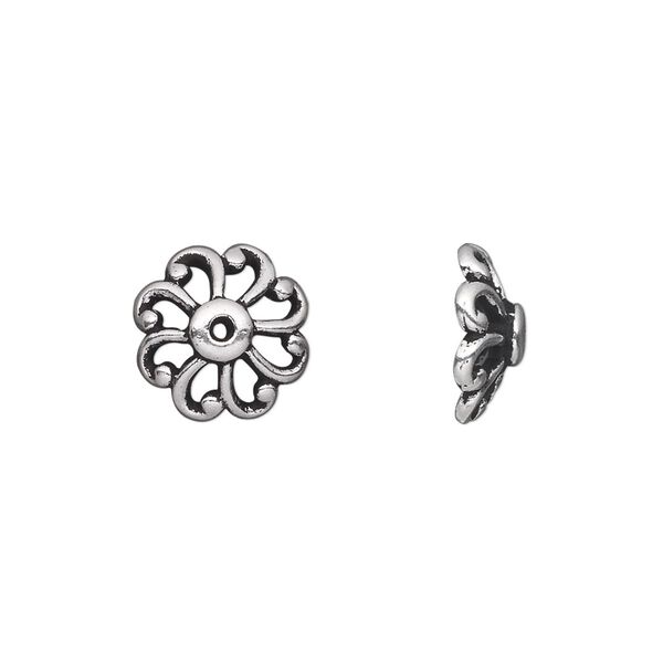 Bead cap, TierraCast®, antique silver-plated pewter (tin-based alloy), 12x4.5mm open round with swirls, fits 12-16mm bead. Sold per pkg of 20. image number 0