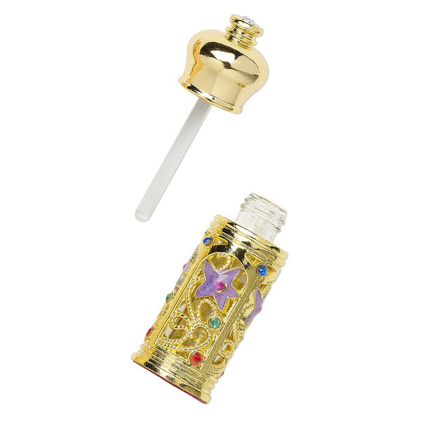 Perfume bottle, glass / enamel / gold-finished "pewter" (zinc-based alloy), multicolored, 2 x 3/4 inches with glass dauber and threaded stopper with star design. Sold individually. image number 0