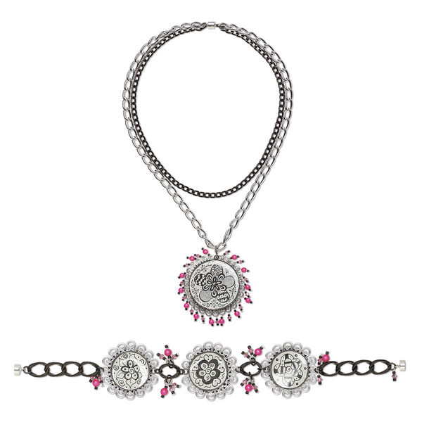 Necklace and bracelet set, One of a Kind Jewelry, crystal / anodized aluminum / gunmetal-plated brass / silver-plated steel, pink and black, 15-1/2 inches with magnetic clasp and 7 inches with magnetic clasp. Only one available. image number 0