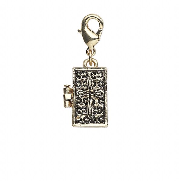Drop, antique gold-finished "pewter" (zinc-based alloy), 17x10mm rectangular prayer box with cross and swirl design with magnetic closure and lobster claw clasp. Sold individually. image number 0