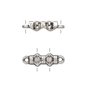 Link, glass rhinestone and antique silver-finished "pewter" (zinc-based alloy), clear, 14x7mm double-drilled bar with diamond design. Sold per pkg of 10.