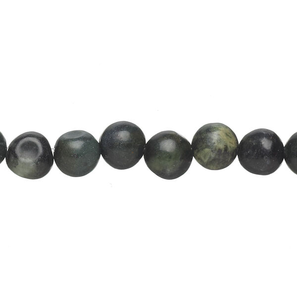Bead, black and green serpentine (natural), 6-7mm round, D grade, Mohs hardness 2-1/2 to 6. Sold per 15-inch strand. image number 0