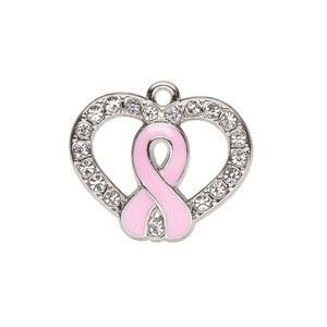 Charm, glass rhinestone / enamel / silver-finished "pewter" (zinc-based alloy), clear and pink, 25x20mm single-sided open heart with awareness ribbon. Sold individually.