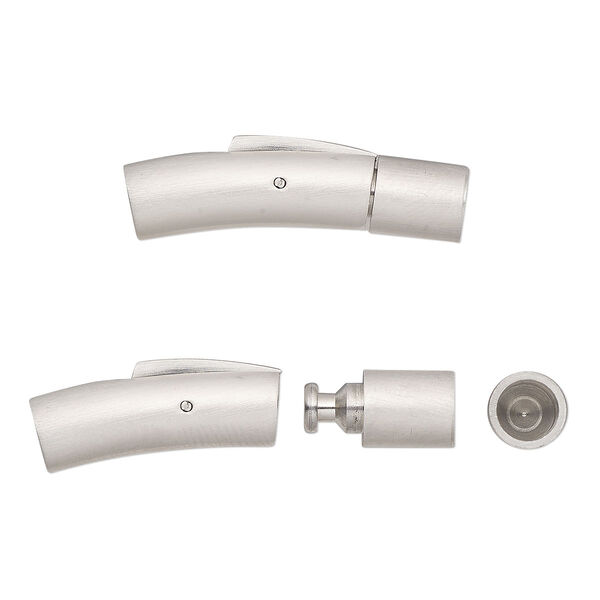 Clasp, glue-in bullet, stainless steel, 30x7mm matte curved round tube, 5mm inside diameter. Sold individually. image number 0