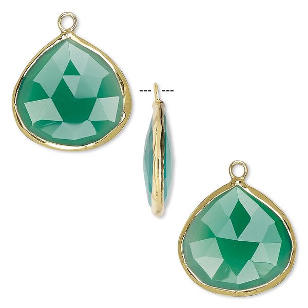Drop, green onyx (dyed) and gold-finished sterling silver, 20mm double-sided faceted teardrop. Sold per pkg of 2. image number 0