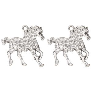 Charm, antique silver-finished "pewter" (zinc-based alloy) and glass, clear and black, 28x27mm single-sided running horse. Sold per pkg of 2.