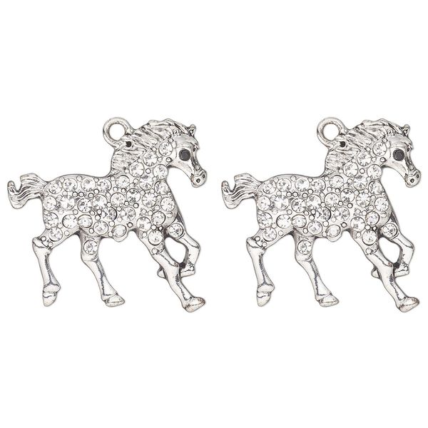 Charm, antique silver-finished "pewter" (zinc-based alloy) and glass, clear and black, 28x27mm single-sided running horse. Sold per pkg of 2. image number 0