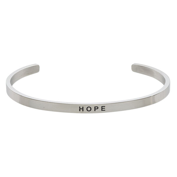 Bracelet, Everyday Jewelry, cuff, stainless steel, 4mm wide with "HOPE," 8 inches. Sold individually. image number 0
