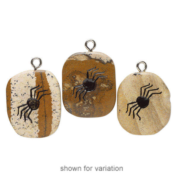 Focal, silver-finished steel / picture jasper (natural) / enamel, black, 30x24mm-34x28mm freeform with spider, Mohs hardness 6-1/2 to 7. Sold individually. image number 0