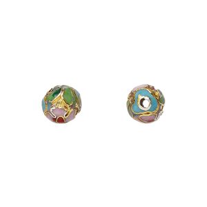 Bead, cloisonn&eacute;, enamel and gold-finished copper, blue / pink / red, 8mm round with flower design. Sold per pkg of 10.