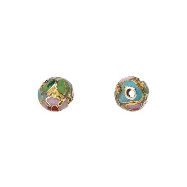 Bead, cloisonn&eacute;, enamel and gold-finished copper, blue / pink / red, 8mm round with flower design. Sold per pkg of 10. image number 0