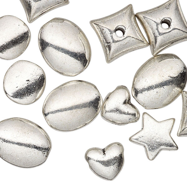 Bead, antique silver-plated "pewter" (zinc-based alloy), 8x9mm-14x11mm assorted shapes. Sold per pkg of 25. image number 0