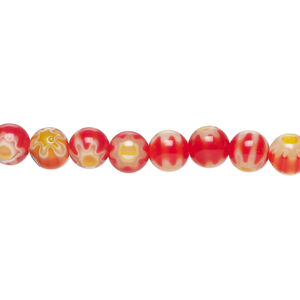 Bead, millefiori glass 1pkg1, translucent red / white / yellow, 6mm round, 15 inches.