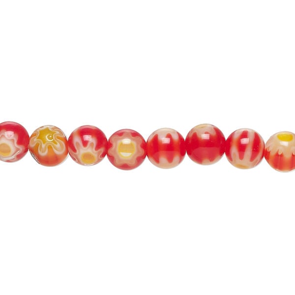 Bead, millefiori glass 1pkg1, translucent red / white / yellow, 6mm round, 15 inches. image number 0