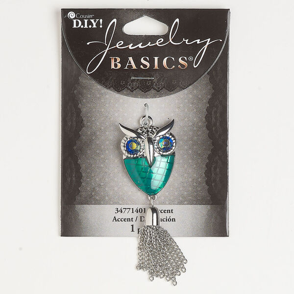 Focal 1pkg1, silver-finished brass and steel / enamel / glass, teal and blue AB, 2-3/4 x 1 inch owl with chain tassel. image number 0