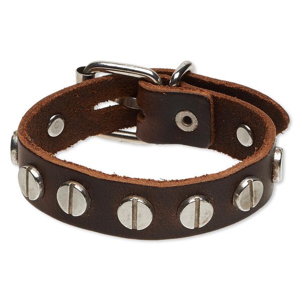 Bracelet, leather (dyed) with imitation rhodium-plated steel and "pewter" (zinc-based alloy), brown, 15mm wide with round studs, adjustable at 6 and 7 inches with buckle-style closure. Sold individually. image number 0