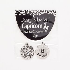"Pewter" (zinc-based alloy) / enamel 1pkg2, 2-sided round charm / Capricorn / "Ambitious" antique silver-finish / black 17mm