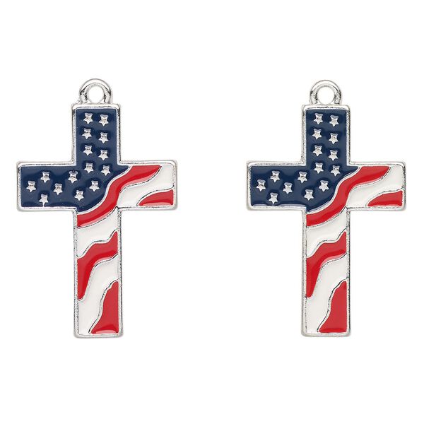 Focal, antique silver-finished enamel "pewter" (zinc-based alloy), red / white / blue, 31x21mm cross with American flag. Sold per pkg of 2. image number 0