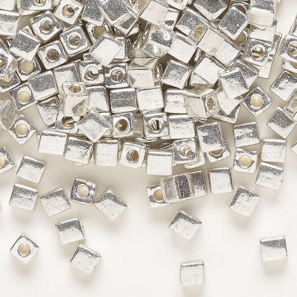 Seed bead, Miyuki, glass, pkg/25g, 3.5-3.7mm square, opaque metallic silver (SB-1051). image number 0