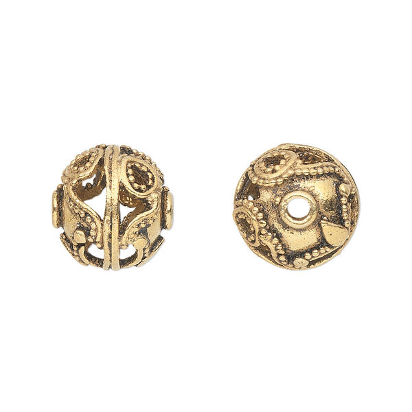 Bead, antique gold-finished brass, 14mm beaded filigree round. Sold individually. image number 0