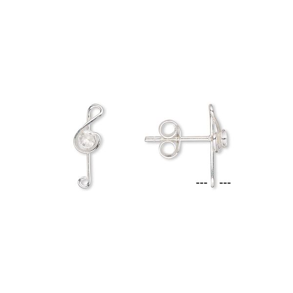 Earstud, sterling silver, 13x4mm treble clef with PP18 chaton setting. Sold per pair. image number 0