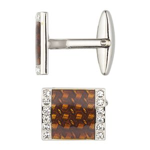 Cuff link, rhodium-finished brass/epoxy/Czech glass chaton, brown and clear, 18x15mm rectangle. Sold per pair.