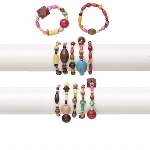 Bracelet mix, stretch, wood (natural / dyed), mixed colors, 15-18mm wide, 5-21mm assorted shape, 6 inches. Sold per pkg of 5.