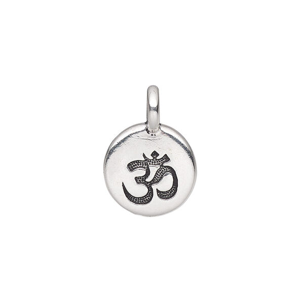Drop, TierraCast®, antique silver-plated pewter (tin-based alloy), 11.5mm single-sided round with Om symbol. Sold per pkg of 20. image number 0