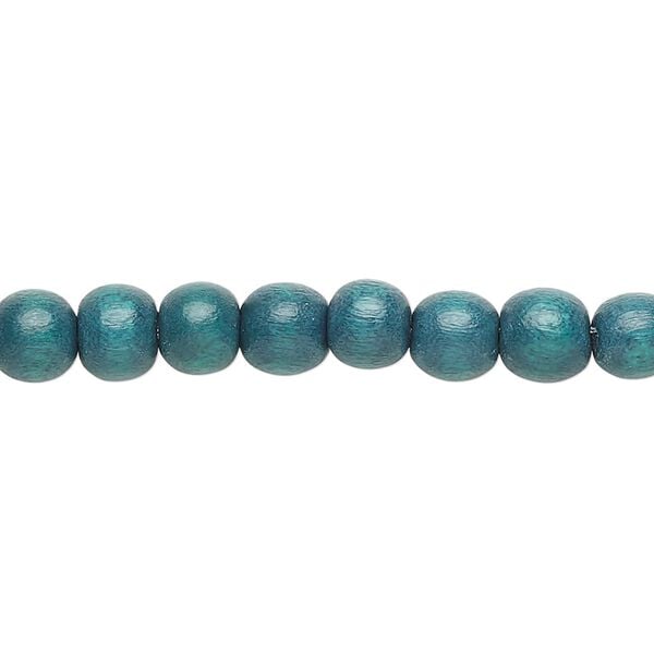 Bead 1pkg1, Taiwanese cheesewood (dyed / waxed), teal, 5-6mm round, 15-1/2 to 16 inches. image number 0