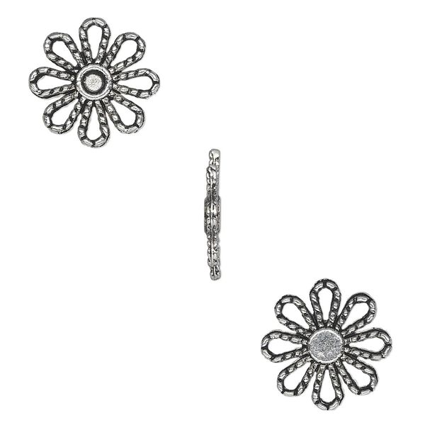 Component, antique silver-plated "pewter" (zinc-based alloy), 13x13mm single-sided flower. Sold per pkg of 50. image number 0
