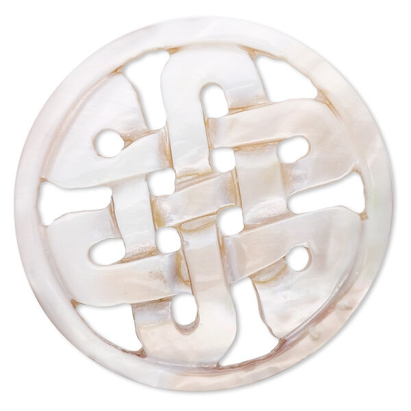 Focal, mother-of-pearl shell (natural), 50mm round with Celtic knot, Mohs hardness 3-1/2. Sold individually. image number 0