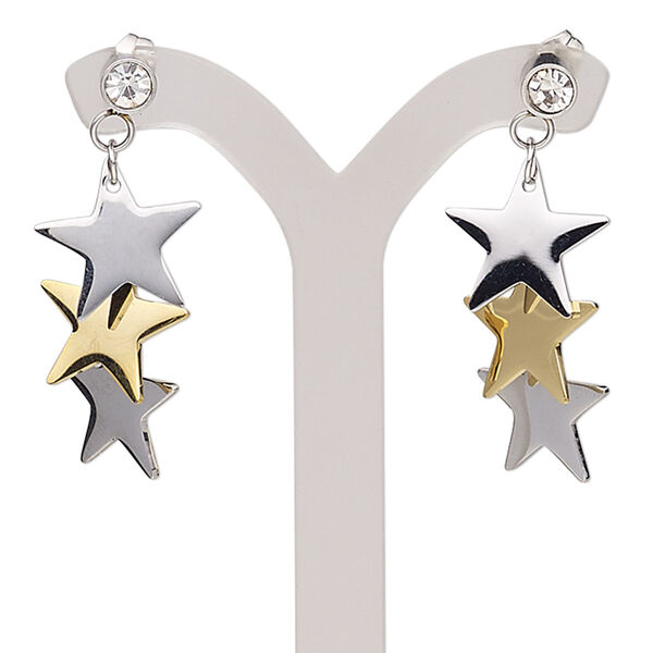 Earring, glass rhinestone / gold finish stainless steel, clear, 39mm with triple star and post. Sold per pair. image number 0