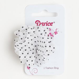 Ring, fabric and silver-finished steel, white and black, 46x46mm-50x50mm flower with polka dots, adjustable. Sold individually.