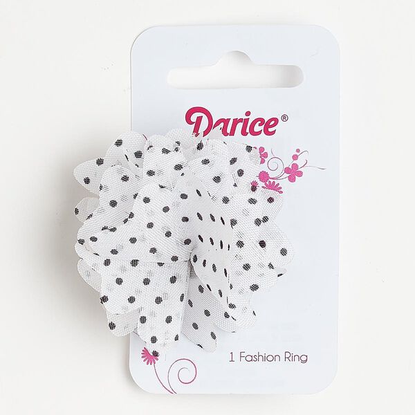 Ring, fabric and silver-finished steel, white and black, 46x46mm-50x50mm flower with polka dots, adjustable. Sold individually. image number 0