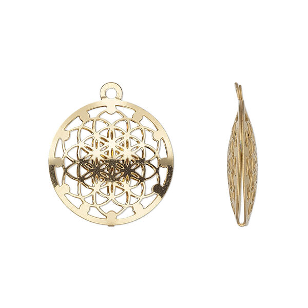 Drop, gold-finished stainless steel, 18mm double-sided domed round with textured cut-out kaleidoscope design. Sold per pkg of 6. image number 0