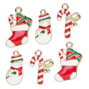 Charm, gold-finished "pewter" (zinc-based alloy) and enamel, white / red / green, 19x10mm / 19x14mm / 23x15mm, 2 of each shape. Sold per pkg of 6.