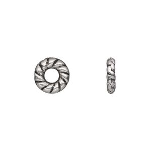 Component, antique silver-plated "pewter" (zinc-based alloy), 10mm double-sided round donut with twisted rope design. Sold per pkg of 50.