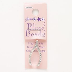 Pendant, "pewter" (zinc-based alloy) and glass, pkg/1, silver finish and clear, 30x15mm wishbone.