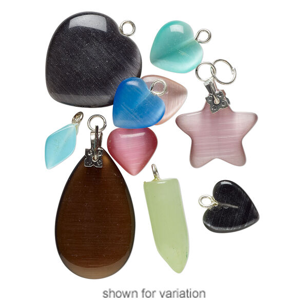 Pendant and drop mix, cat's eye glass (fiber optic glass) and silver-finished steel, mixed colors, 10x8mm-38x25mm mixed shape. Sold per pkg of 10. image number 1