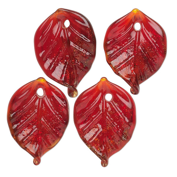 Drop, lampworked glass, translucent red and gold, 22x15mm leaf. Sold per pkg of 4. image number 0