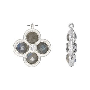 Drop, labradorite (natural) / cubic zirconia / sterling silver, clear, 19mm double-sided faceted flower. Sold individually.