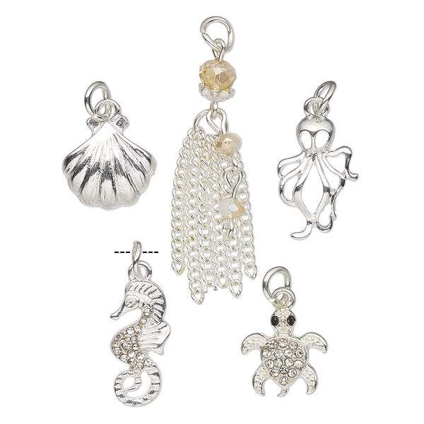 Charm mix, silver-finished brass / silver-finished steel / plastic, clear / black / white, 14x13mm single-sided sea life-themed. Sold per 5-piece set. image number 0