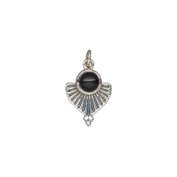 Black onyx / sterling silver 1pkg1, antiqued fan drop 14x11.5mm image number 0