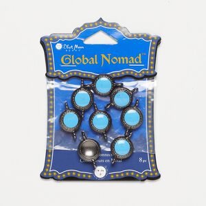 Link, gunmetal-finished "pewter" (zinc-based alloy), turquoise blue, 13mm round. Pkg/8.