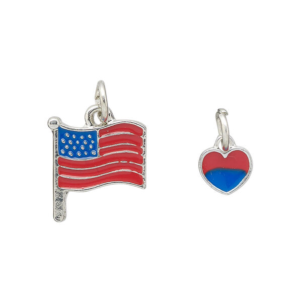 Charm assortment, imitation rhodium-finished "pewter" (zinc-based alloy) and enamel, red and blue, 16x15mm US flag and 8x7mm heart. Sold per 2-piece set. image number 0