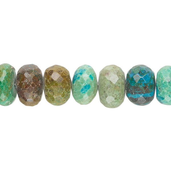 Bead, chrysocolla (stabilized), 10x5-11x8mm hand-cut faceted rondelle, B grade, Mohs hardness 2-4. Sold per 14-inch strand, approximately 55 beads. image number 0