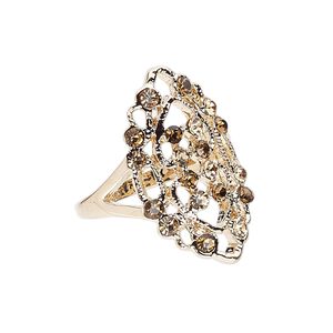 Ring, Czech glass rhinestone and gold-finished "pewter" (zinc-based alloy), light smoky topaz and dark smoky topaz, 28x17mm marquise, size 9. Sold individually.