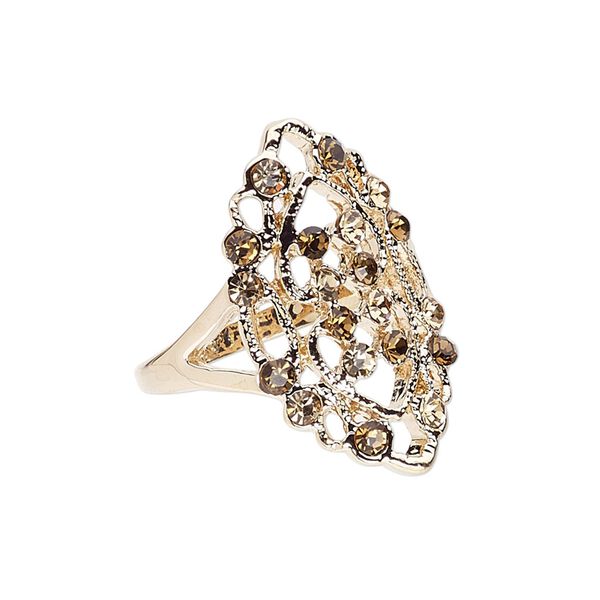 Ring, Czech glass rhinestone and gold-finished "pewter" (zinc-based alloy), light smoky topaz and dark smoky topaz, 28x17mm marquise, size 9. Sold individually. image number 0
